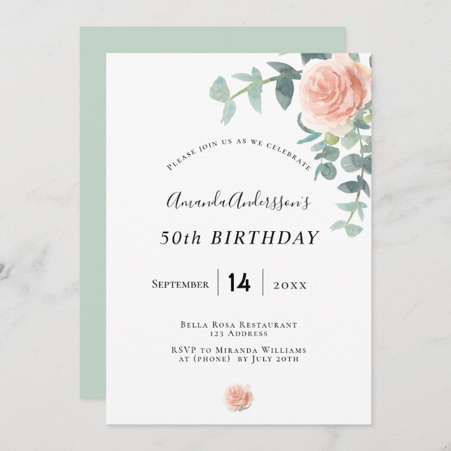 Birthday rose gold floral geenery white elegant invitation (Front/Back)