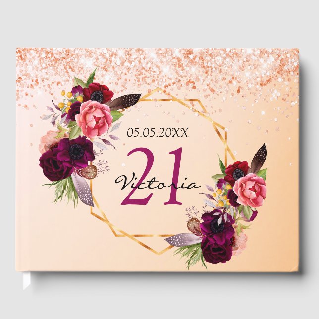 Birthday rose gold floral geometric glitter dust guest book (Front)