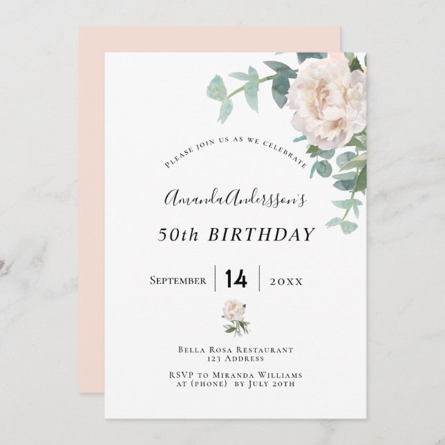 Birthday rose gold floral whitegreenery elegant invitation (Front/Back)