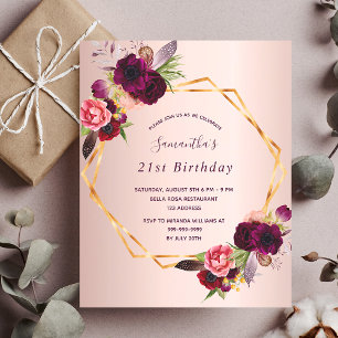 Birthday rose gold florals burgundy geo invitation