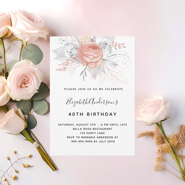 Birthday rose gold florals elegant white invitation (Creator Uploaded)
