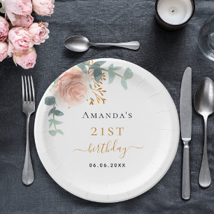 Birthday rose gold florals eucalyptus name paper plate