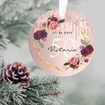 Birthday rose gold glitter burgundy florals chic ornament<br><div class="desc">An ornament for a girly and glamourous 50th (or any age) birthday. A rose gold gradient background with rose gold faux glitter drips, paint dripping look. A faux gold geometric frame and watercolored flowers, florals in burgundy, pink and rose gold. Personalise and add a date, name and age 50. The...</div>