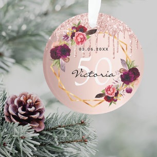 Birthday rose gold glitter burgundy florals chic ornament