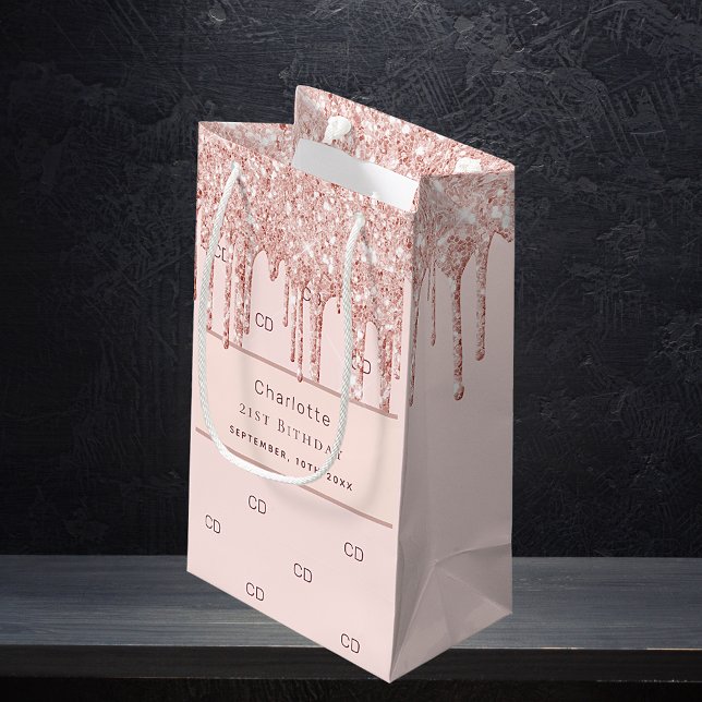 Birthday rose gold glitter custom monogram modern small gift bag (Creator Uploaded)