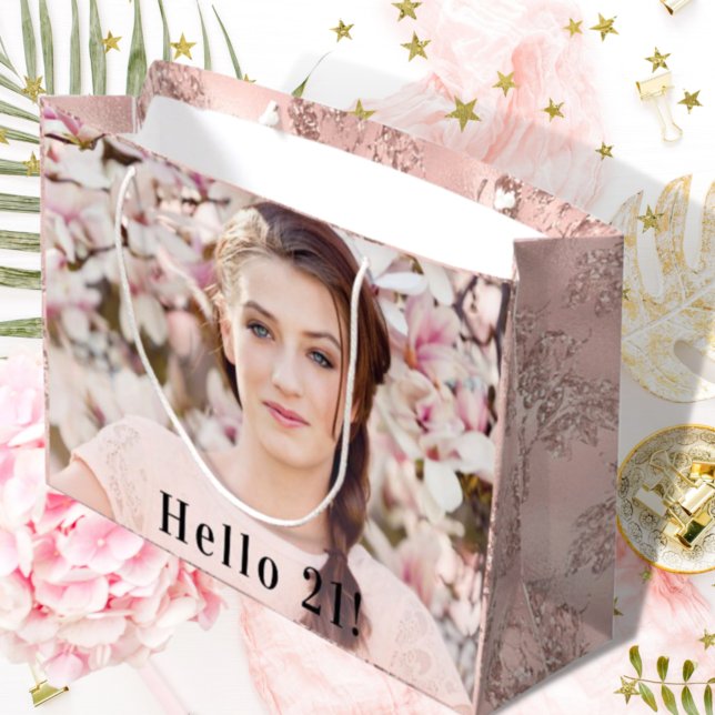 Birthday rose gold glitter custom photo floral large gift bag (Creator Uploaded)