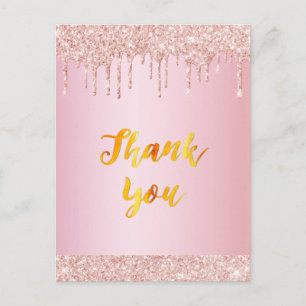 Birthday rose gold glitter drip Thank You Postcard