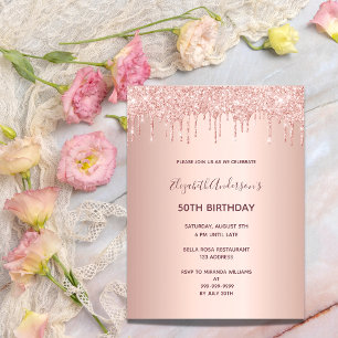 Birthday rose gold glitter drips invitation postcard