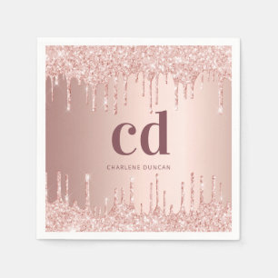 Birthday rose gold glitter drips monogram name napkin