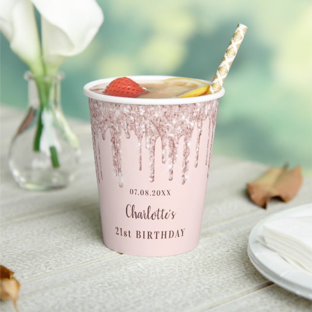 Birthday rose gold glitter drips monogram paper cups (Insitu)