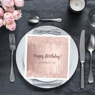 Birthday rose gold glitter drips name napkin
