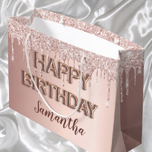 Birthday rose gold glitter drips pink monogram large gift bag