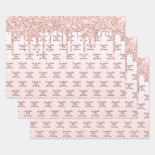 Birthday rose gold glitter drips pink monogram wrapping paper sheet