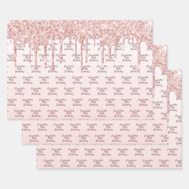 Birthday rose gold glitter drips pink monogram wrapping paper sheet (Set)