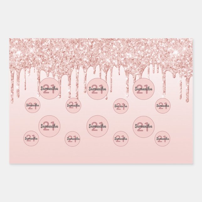 Birthday rose gold glitter drips pink monogram wrapping paper sheet (Front)