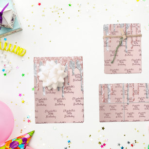 Birthday rose gold glitter drips pink silver wrapping paper sheet