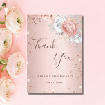 Birthday rose gold glitter dust florals metal thank you card<br><div class="desc">A thank you card for a 50th (or any age) birthday. A rose gold faux metallic looking background colour. Decorated with rose gold and white florals and faux glitter dust. On front, a large hand lettered script and the text: Thank You, your text, title and a date. Back: personalise and...</div>