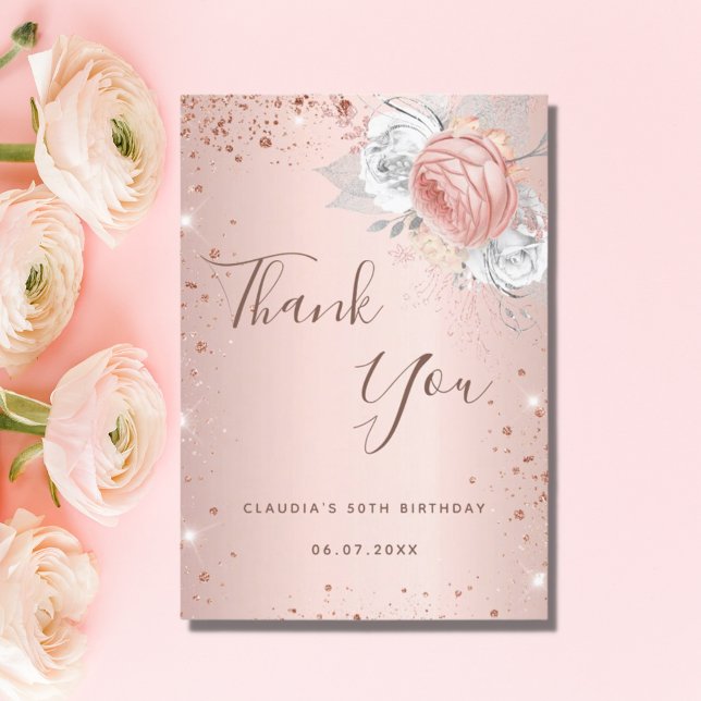Birthday rose gold glitter dust florals metal thank you card (Creator Uploaded)