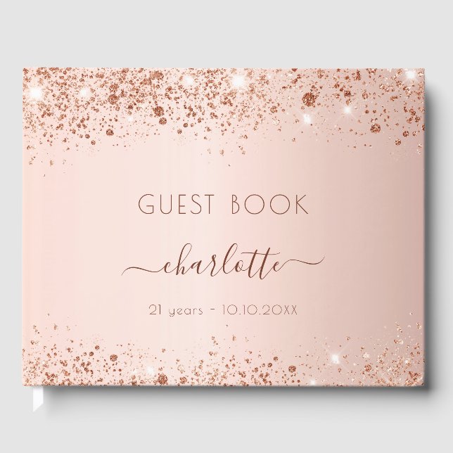 Birthday rose gold glitter dust monogram guest book (Front)