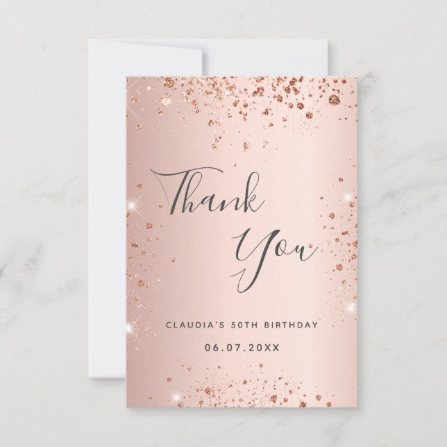Birthday rose gold glitter dust script thank you card (Front)