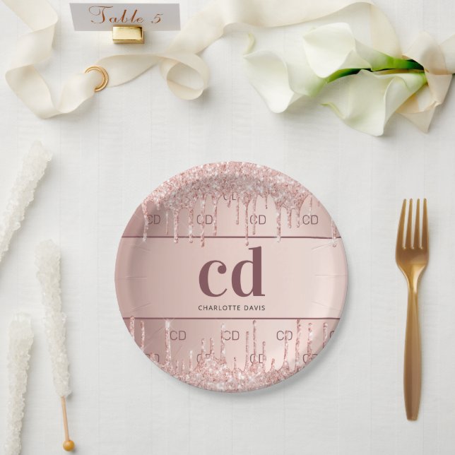 Birthday rose gold glitter monogram initials name paper plate (Wedding)