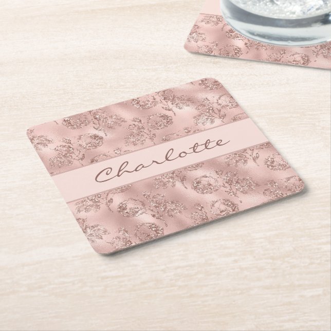 Birthday rose gold glitter pink florals monogram square paper coaster (Angled)