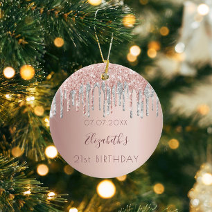 Birthday rose gold glitter pink friends silver ceramic ornament