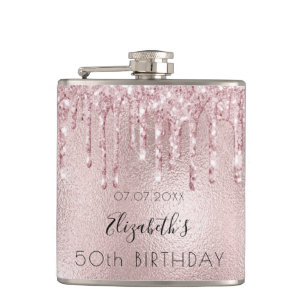 Birthday rose gold glitter pink monogram hip flask