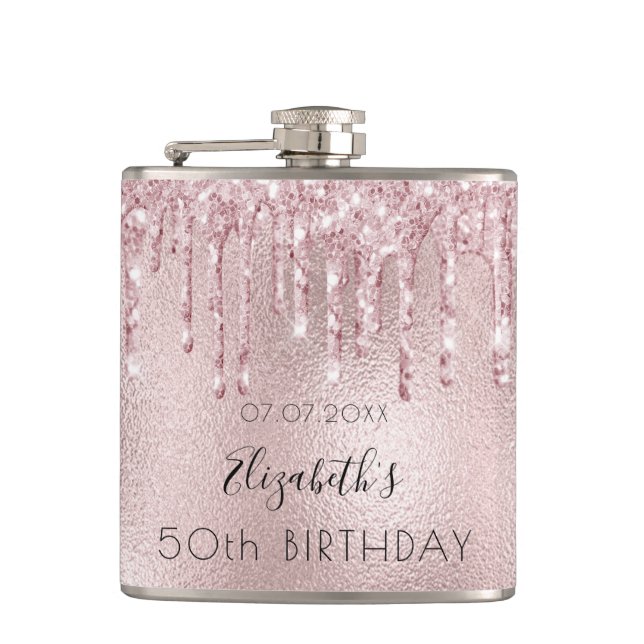 Birthday rose gold glitter pink monogram hip flask (Front)