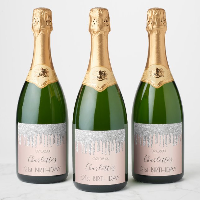 Birthday rose gold glitter pink silver sparkle sparkling wine label (Bottles)