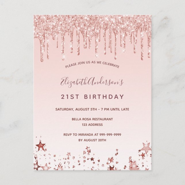 Birthday rose gold glitter pink stars invitation postcard (Front)