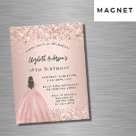 Birthday rose gold glitter princess dress luxury magnetic invitation<br><div class="desc">A modern,  stylish and glamourous magnetic invitation for a 18th (or any age) birthday party.  A rose gold background with faux gold glitter dust,  a girl wearing a ball gown.  The name is written with a modern hand lettered style script.  Personalise and add your party details.</div>