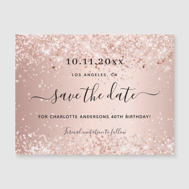 Birthday rose gold glitter save the date magnet (Front)