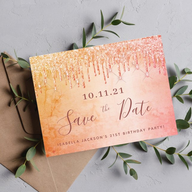 Birthday rose gold glitter save the date postcard (Creator Uploaded)