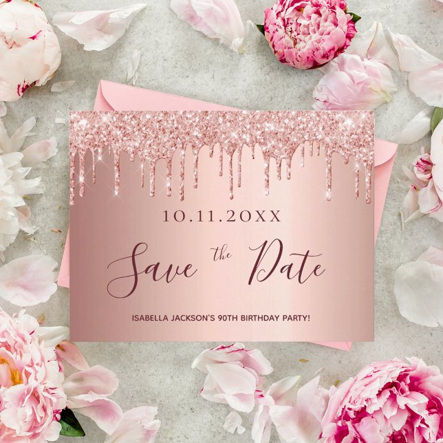 Birthday rose gold glitter save the date  postcard (Creator Uploaded)