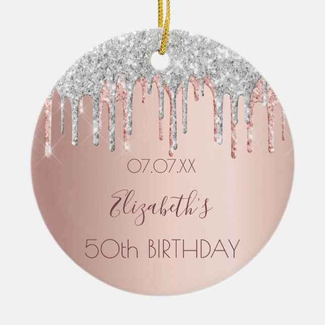 Birthday rose gold glitter silver sparkle ceramic ornament (Front)