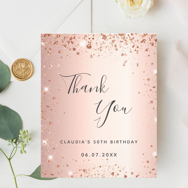 Birthday rose gold glitter thank you card budget (Creator Uploaded)
