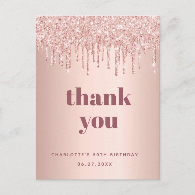 Birthday rose gold glitter thank you postcard (Front)