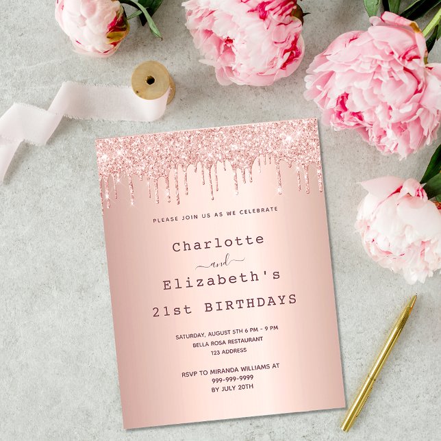 Birthday rose gold glitter two persons invitation postcard (Creator Uploaded)