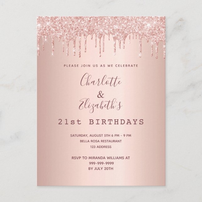Birthday rose gold glitter two persons invitation postcard (Front)