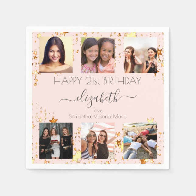 Birthday rose gold photo collage best friends napkin (Front)