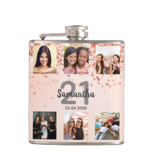 Birthday rose gold photo collage name hip flask