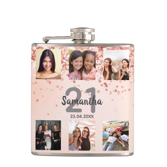 Birthday rose gold photo collage name hip flask (Front)