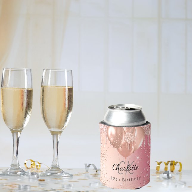 Birthday rose gold pink balloons monogram name can cooler (Creator Uploaded)