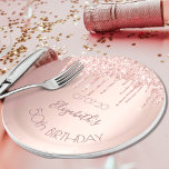 Birthday rose gold pink drips name paper plate<br><div class="desc">A paper plate for a girly and glamorous 50th (or any age) birthday party. A rose gold colored background with rose gold drips, paint drip look. The text: The name is written in dark rose gold with a large modern hand lettered style script. Template for name, age 50 and a...</div>