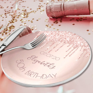 Birthday rose gold pink drips name paper plate