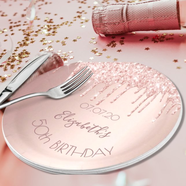 Birthday rose gold pink drips name paper plate (Creator Uploaded)