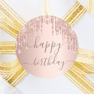 Birthday rose gold pink drips party classic round sticker