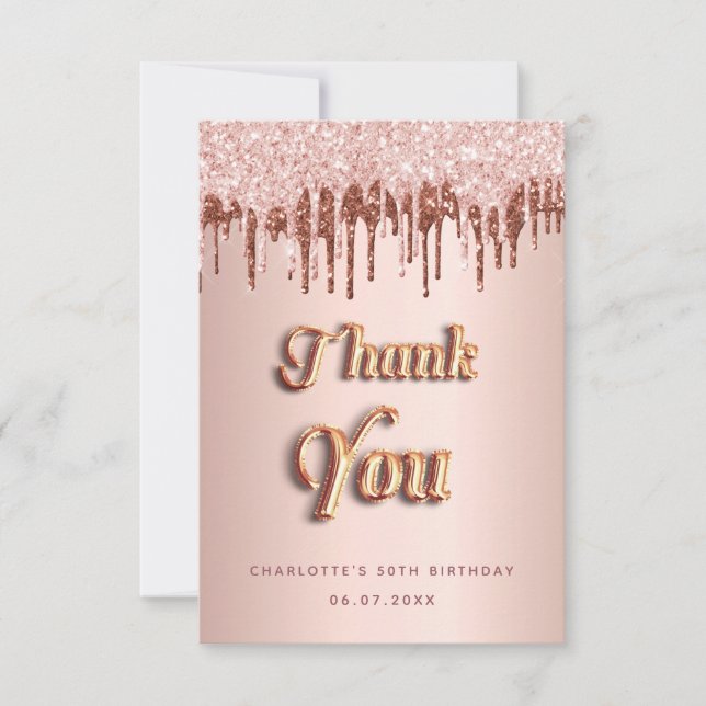 Birthday rose gold pink drips thank you card (Front)