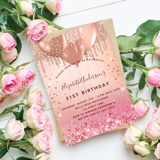 Birthday rose gold pink glitter balloons glam  invitation (Creator Uploaded)